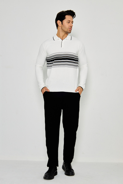 ZİNOX Men's Chest Striped Knitted Sweater Stylish and Comfortable Suitable for Daily Use Button Polo Neck Short Sleeve Sweater