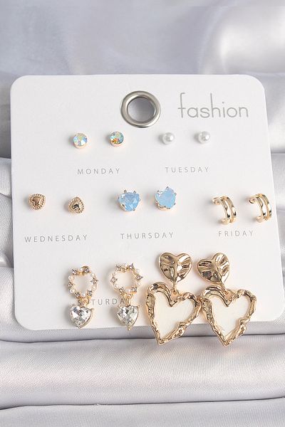 Skygo Zircon Stone Sèvres 7 Pair Women's Earring Set - White Gold Heart Model