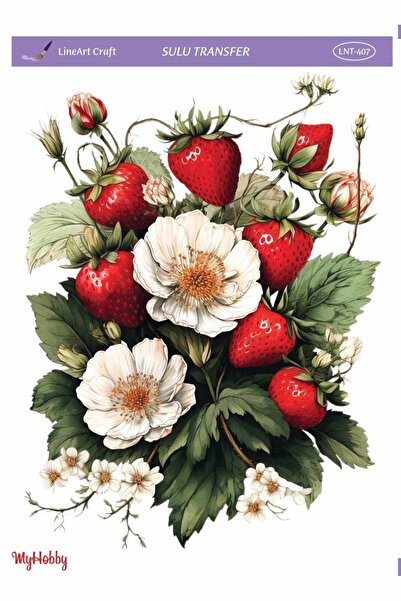 LİNEART LNT407 Çiçek ve Çilek Desenli Açık Zemin Sulu Transfer 25*35 cm