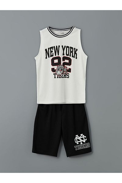 LC Waikiki Lcw Crew Neck New York Printed Boys Tank Top and Shorts