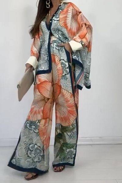 AYASOFYA OTANTIK Women's White Mixed Color Design Patterned Loose Shirt Elastic Waist Wide Leg Trousers 2 Piece Set