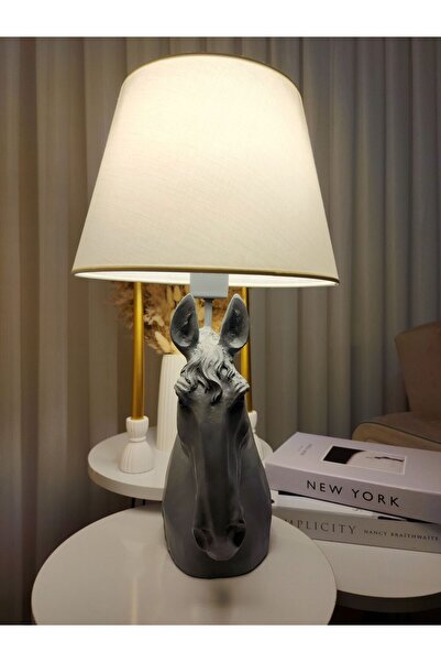 Artceal Dekoratif Gri At Figürlü Beyaz Şapkalı Abajur Biblo