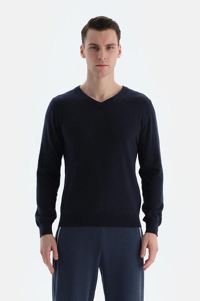 Dagi Marineblauer Herren-Strickpullover aus Kaschmirmischung mit V-Ausschnitt
