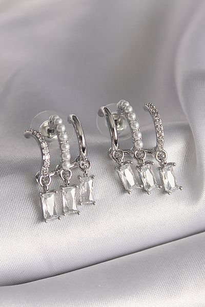 Skygo Silver Color Pearl Detail Zircon Stone Women's Earrings