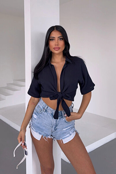 bacc Γυναικεία Μαύρη Μουσελίνα Λινό Δεμένο Μπλούζα Bcbt-251000