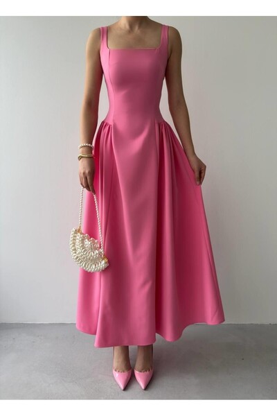Julidress Pembe Askılı Piliseli Çan Kesim Maxi Uzun Boy Premium Kalem Abiye D...