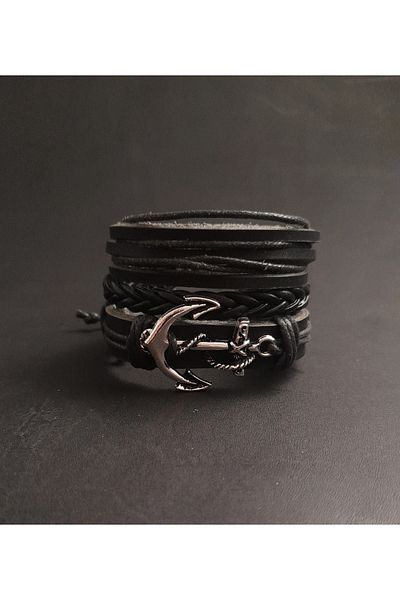 BSN Store 3-Piece Mariner Anchor Premium Black Genuine Leather Bracelet