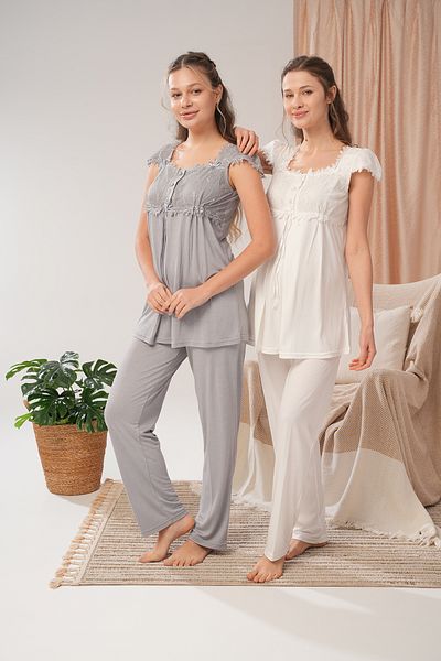 Lohussa Women's Ecru Summer Special Design Cotton Maternity Pajama Set