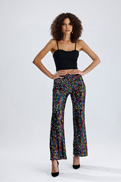 Sense Astarlı Lastikli Geniş Paça Payetli Abiye Pantolon | Pnt33970 Siyah Gökkuşağı