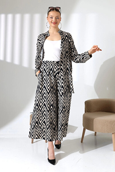 bacc Women's Beige Judge Collar Zigzag Patterned Shirt and Trousers Woven Bottom Top Set Bcvl-25V053-1