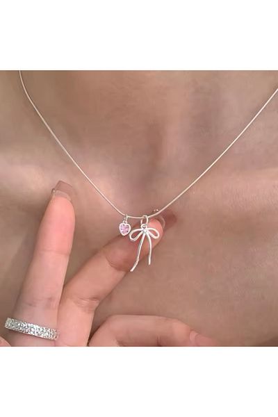 Vintageamer Steel |   Pink Cherie Ribbon Bow Necklace