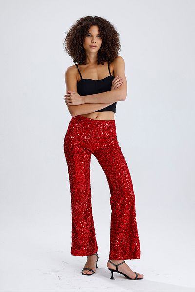 Sense Lined Elastic Wide Leg Sequined Evening Dress Trousers |   Pnt33970 Red