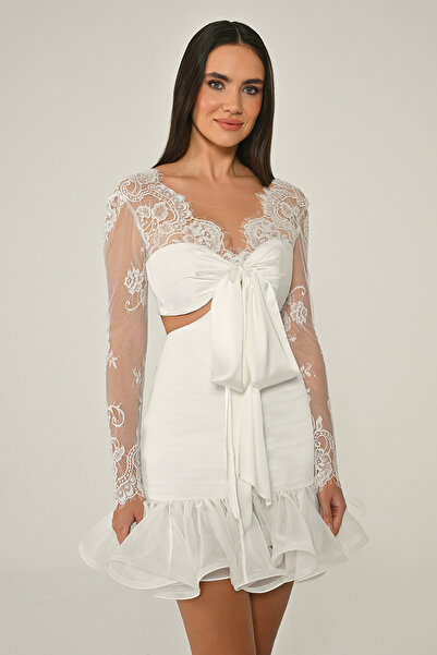 ALFABETA KADIN ABİYE ÜST DANTEL ETEGİ FIRFIRLI ŞİFON KISA ELBİSE