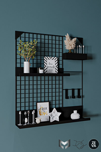 YİĞİT METAL Modüler Siyah Metal Duvar Rafı - Tel Izgara Raf Sistemi, Çok Amaç...