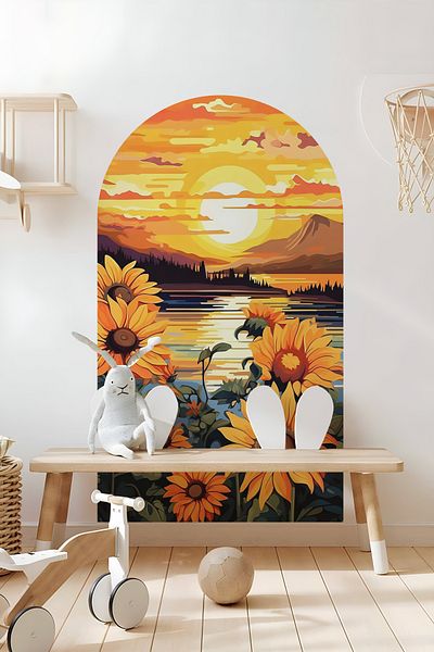 Grafikup Autocolant de perete cu flori ovale Boho - Autocolant decorativ de perete cu model de flori și peisaj