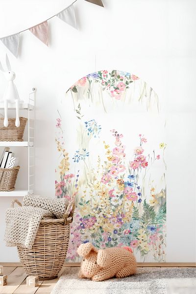 Grafikup Autocolant de perete cu flori ovale Boho - Autocolant decorativ de perete cu model de flori și peisaj