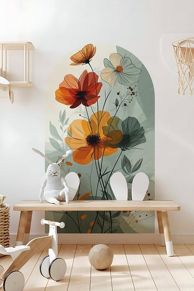 Grafikup Autocolant de perete cu flori ovale Boho - Autocolant decorativ de perete cu model de flori și peisaj