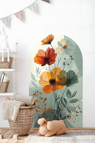 Grafikup Autocolant de perete cu flori ovale Boho - Autocolant decorativ de perete cu model de flori și peisaj