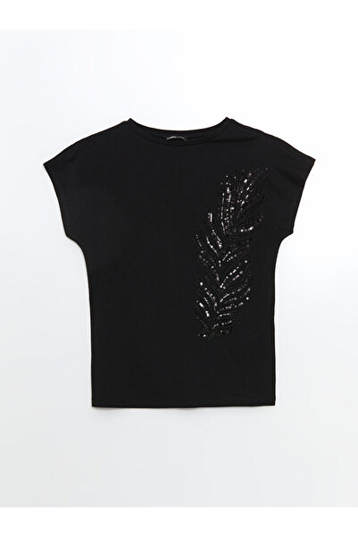 LC Waikiki Black Crew Neck Sequin Sequin Embroidered Women's T-Shirt