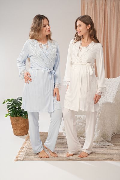 Lohussa Set de pijamale pentru femei, jacquard albastru, design special, din bumbac, pentru maternitate