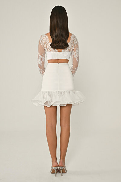 ALFABETA KADIN ABİYE ÜST DANTEL ETEGİ FIRFIRLI ŞİFON KISA ELBİSE