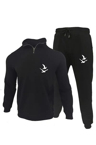 Massgai Unisex Design Seagull Printed Top-Bottom Half Zipper Sweat Tracksuit Set