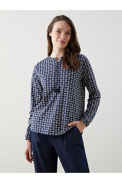 LC Waikiki Grace Navy Blue Tie Collar Patterned Women's Blouse