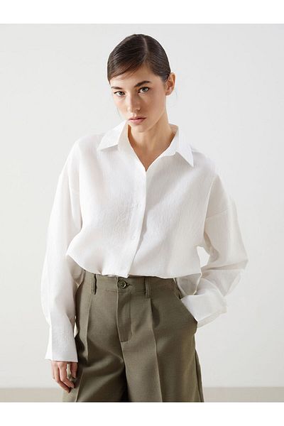 LC Waikiki Ecru Striped Oversize Poplin Women's Shirt