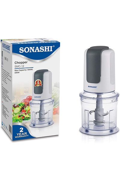 sonashi مفرمة المطبخ SMC-12، مفرمة الخضروات والخلاط، وعاء سعة 500 مل، قفل أمان.