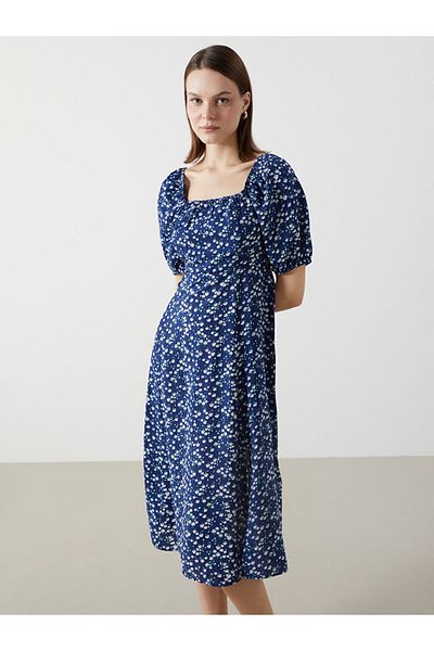 LC Waikiki Lcw Comfort Square Neck Floral Balloon Sleeve Dress for Women