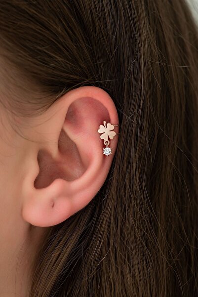 Papatya Silver 925 Ayar Taşlı Gümüş Kıkırdak Yonca Küpe Rose Altın