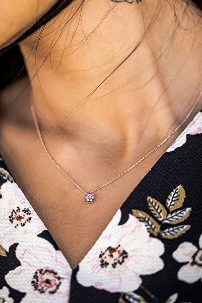 Papatya Silver 925 Ayar Rose Altın Kaplama Elmas Montür Gümüş Çiçek Kolye