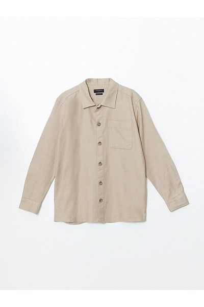 LC Waikiki Southblue Beige Regular Fit Long Sleeve Dobby Men's Shirt