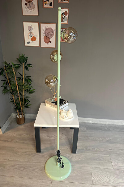 Bamyum Lambader Bal Rengi Cam Başlık Modern Dekoratif Metal Oturma Odası Zemin Lambası