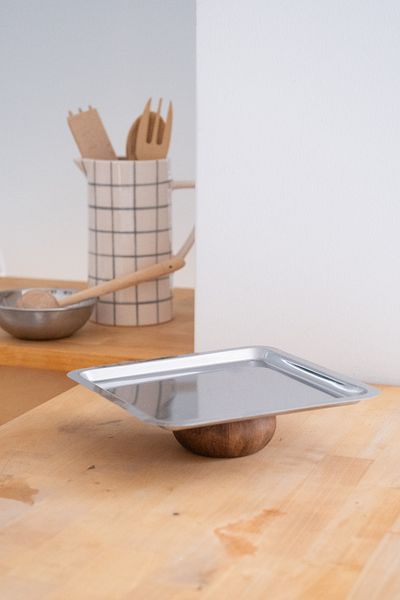 Beige & Stone Stylish 23 cm Square Steel Wooden Leg Snack, Dessert, Cheese Presentation Tray