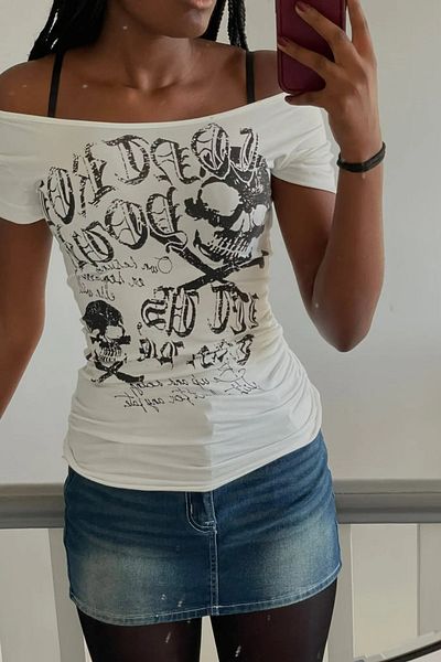 Karakedi Gothic Skulls Control Printed White Short Sleeve Body