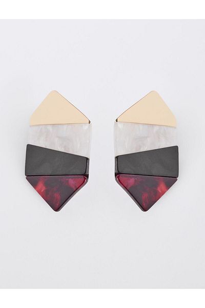 Jimmy Key Burgundy Color Block Asymmetric Pattern Earrings