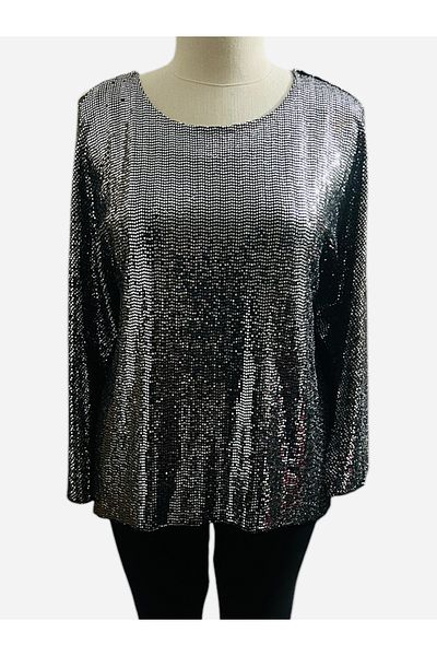 Hayalet Silver Sequined Lycra Plus Size Evening Dress Blouse