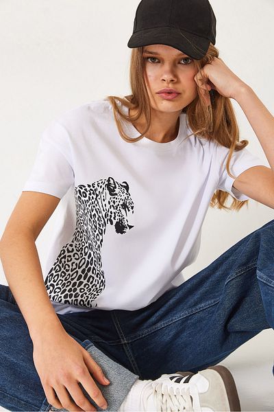 Bianco Lucci Tricou de bază cu mânecă scurtă cu imprimeu leu pentru femei 60602014