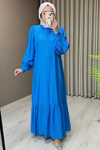 T Moda Store Shirt Collar Balloon Sleeve Detailed Hijab Full Length Dress