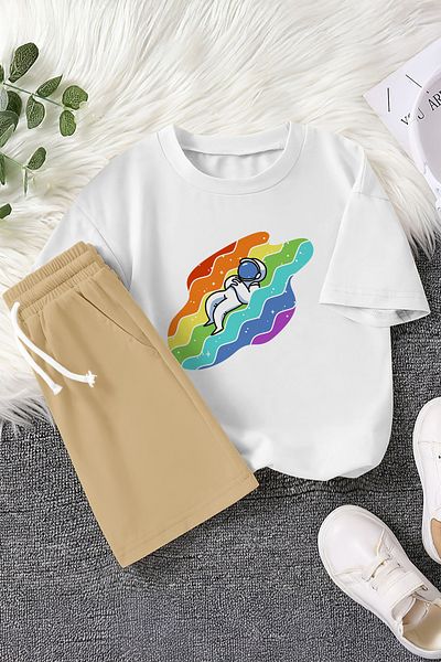 MYADA Premium Astronaut Sleeping in the Rainbow Printed 2-Piece Children's Set 22431