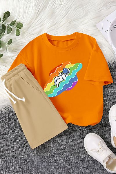 MYADA Premium Astronaut Sleeping in the Rainbow Printed 2-Piece Children's Set 22431