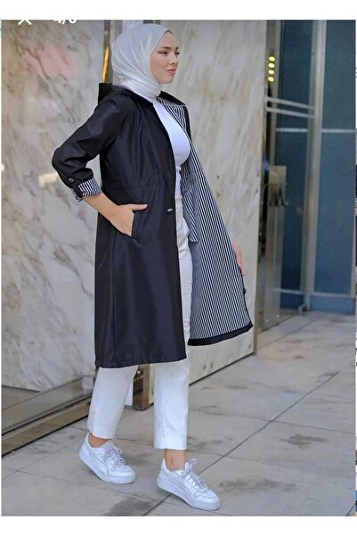 kaes giyim Kadin Kisa Tesettur Trenckot Buyuk Beden Fermuarlı Trenc