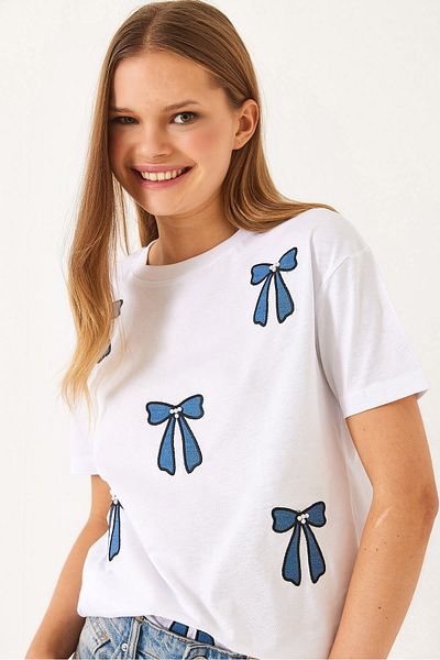 Bianco Lucci Damen-T-Shirt mit Schleife und Perlenstickerei und kurzen Ärmeln 60602013