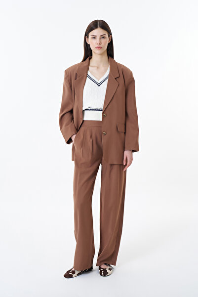 Quzu Brown Palazzo Trousers - Button Waist Detail