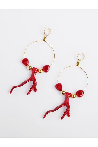 Jimmy Key Red Asymmetrical Figured Hoop Earrings