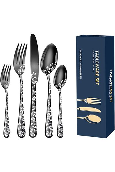 COOYA 20-Piece Black Silverware Set, Unique Pattern Design, Mirror Polished and Dishwasher Safe