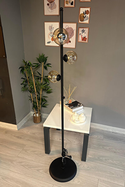 Bamyum Lambader Bal Rengi Cam Başlık Modern Dekoratif Metal Oturma Odası Zemin Lambası