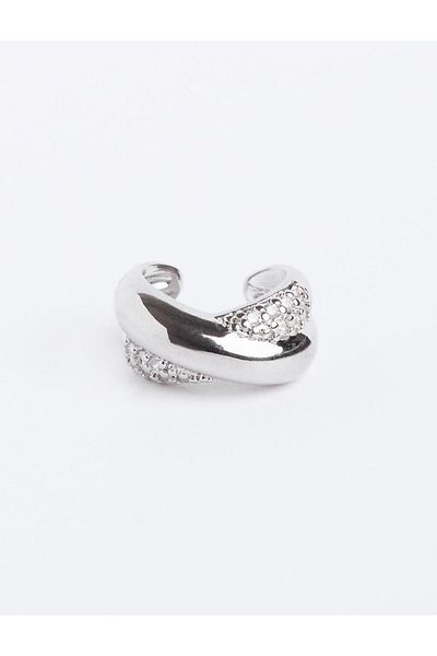 Jimmy Key Silver Color Stone Detailed Shiny Half Hoop Earrings