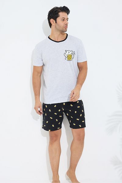 Siyah İnci Gray Patterned Cotton Crew Neck Printed Knitted Shorts Set